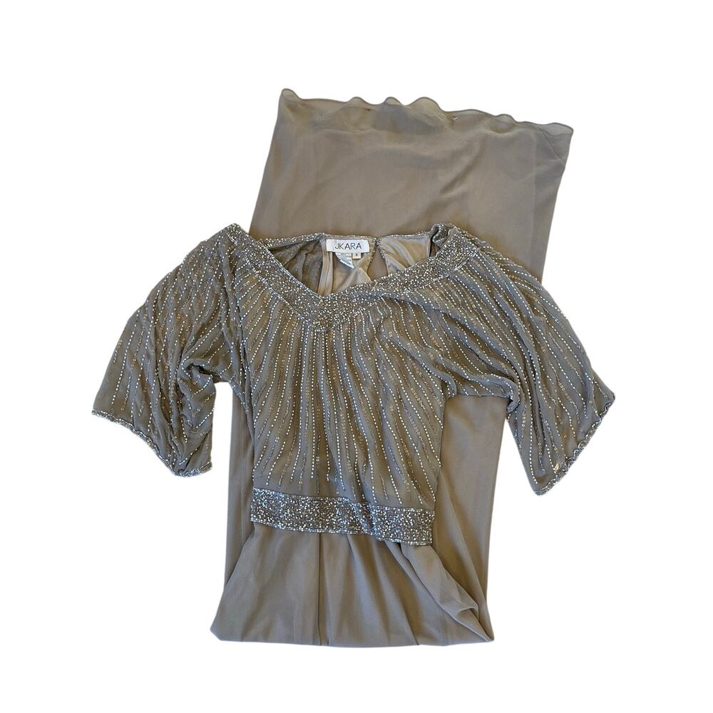 JKARA Taupe Beaded Chiffon Evening Gown Size 8 Formal Maxi Dress